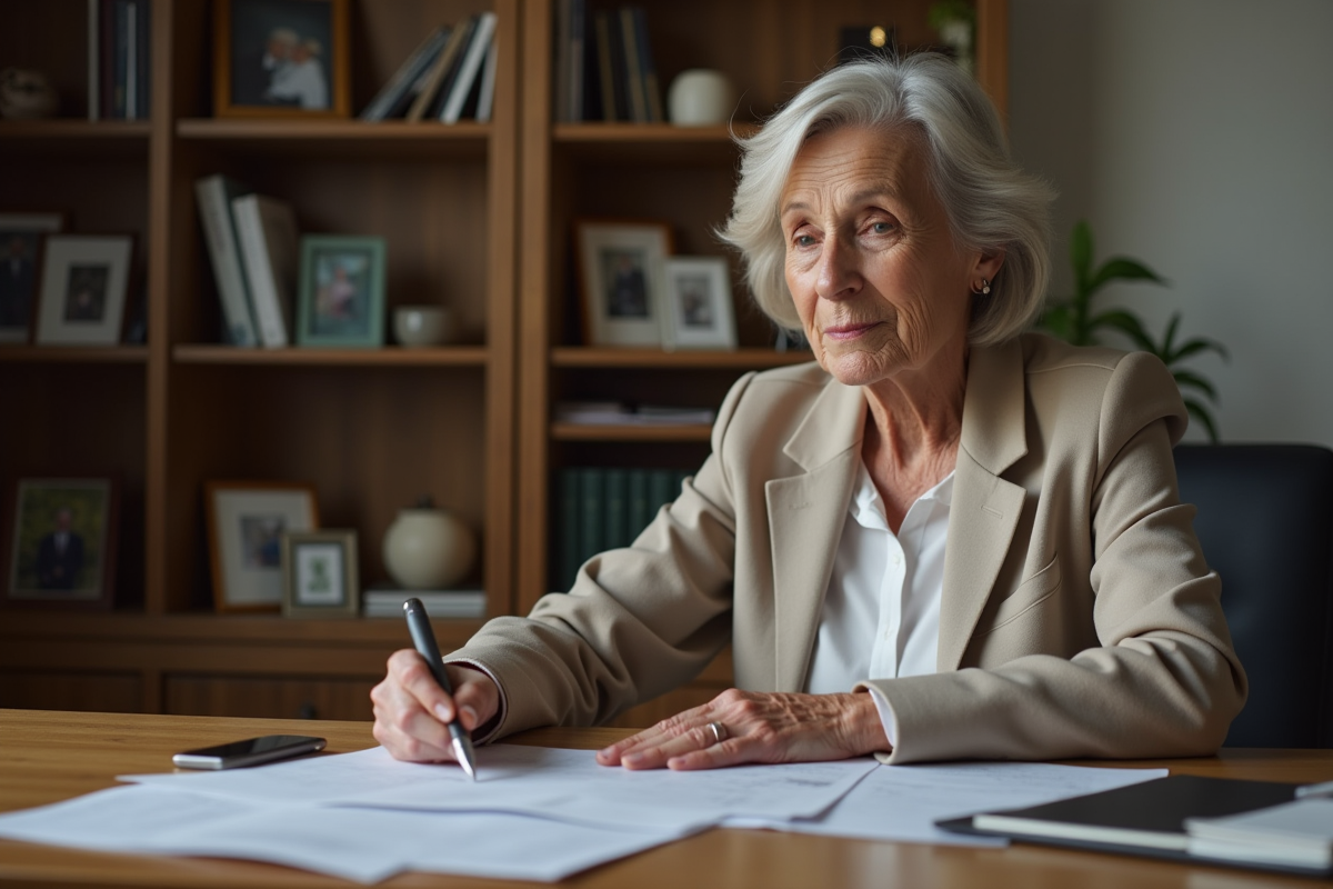 Femme d'environ 50 ans examine des documents de retraite à son bureau