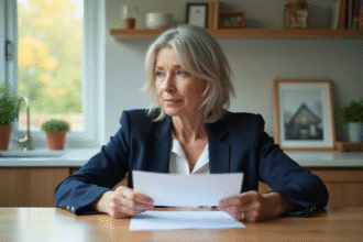 Femme réfléchissant à des documents d'assurance à la maison