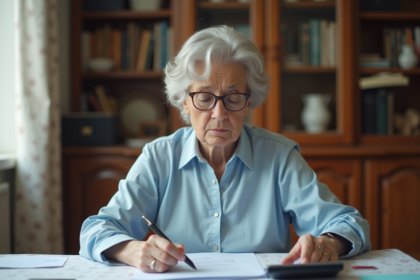 Femme d'environ 50 ans examine des papiers et calculatrice