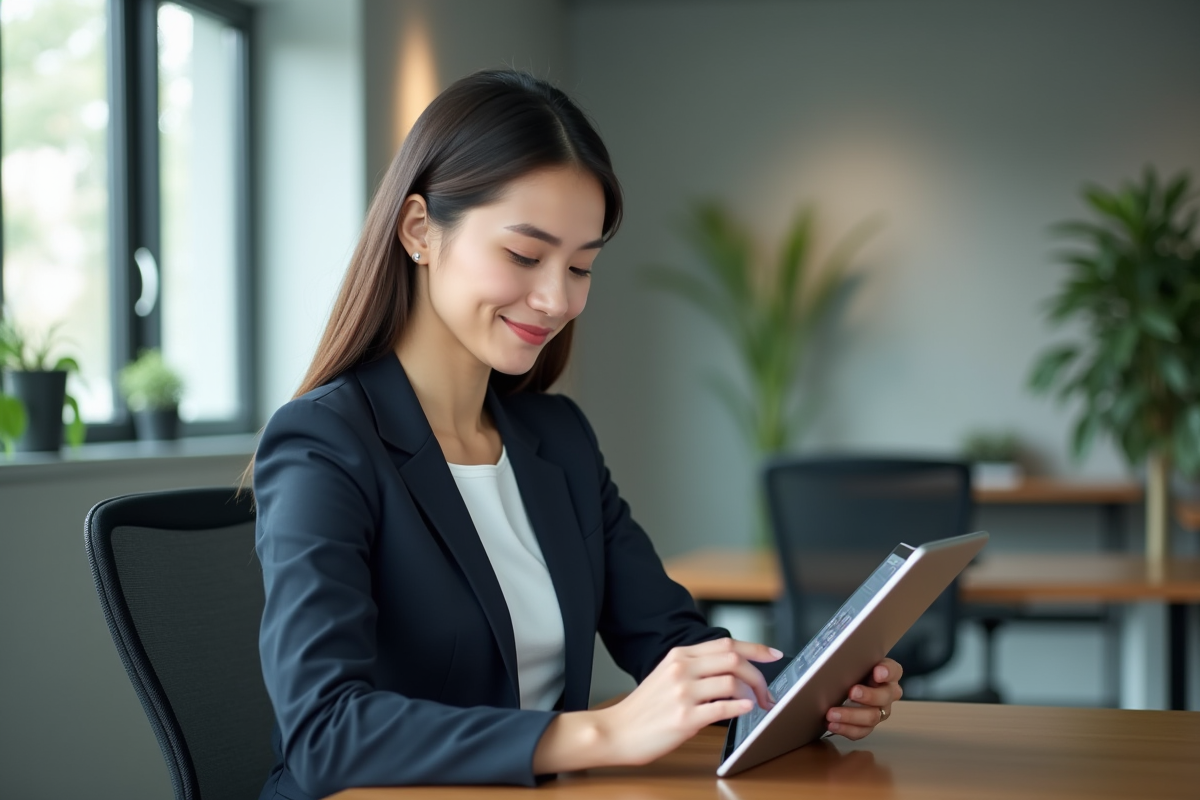 Femme professionnelle utilisant une tablette pour gestion financière