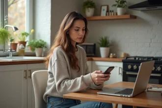 Femme assise à la maison consulte ses ventes en ligne