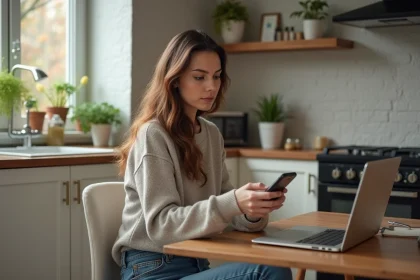 Femme assise à la maison consulte ses ventes en ligne