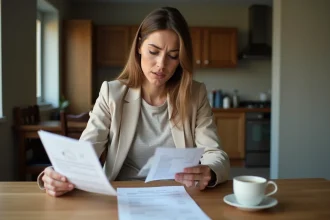 Femme seule examinant sa fiche de paie au SMIC à son domicile, illustration salaire net 25h 2026