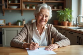 Femme mature signant un document de donation dans une cuisine chaleureuse