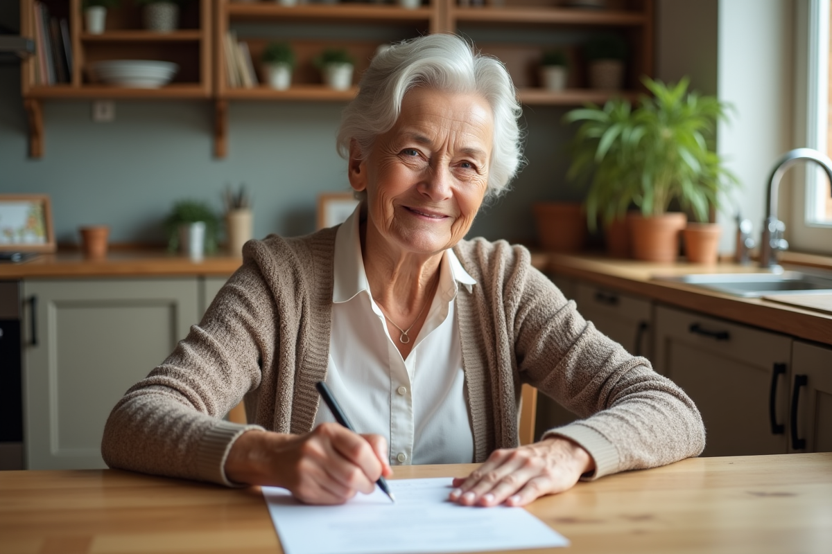 Femme mature signant un document de donation dans une cuisine chaleureuse