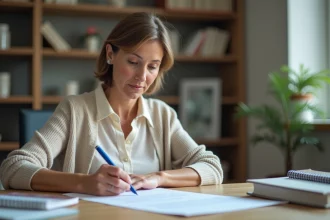 Femme signant une lettre avec un livret d'épargne à côté