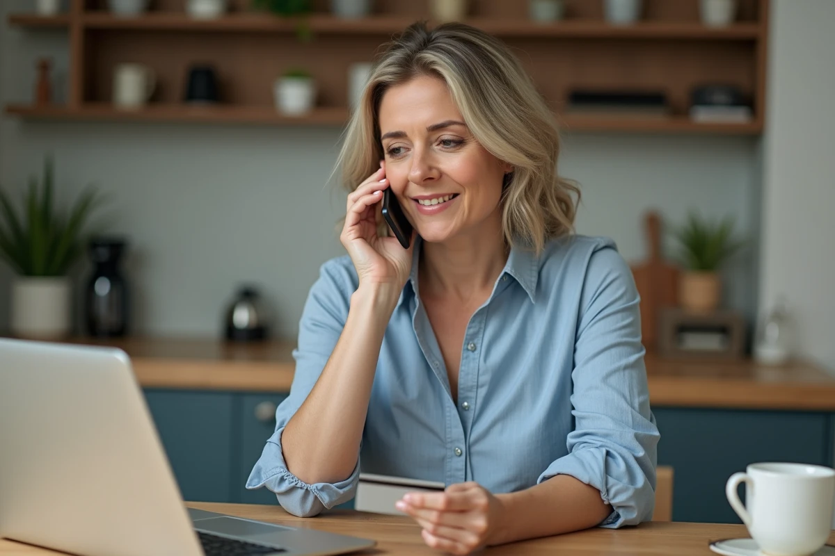 Femme d'âge moyen parlant au téléphone dans une cuisine moderne