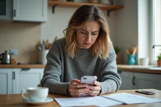 Femme inquiète contactant le service Cetelem pour signaler une fraude bancaire depuis son domicile