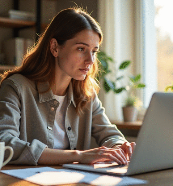Jeune femme travaillant à son bureau à la maison le matin