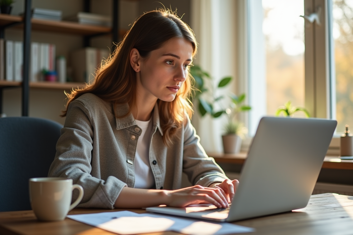 Jeune femme travaillant à son bureau à la maison le matin