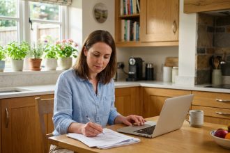 Femme travaillant sur son ordinateur dans une cuisine moderne