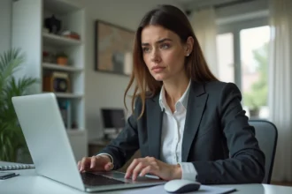 Femme d affaires en train de résoudre un problème réseau dans un bureau moderne