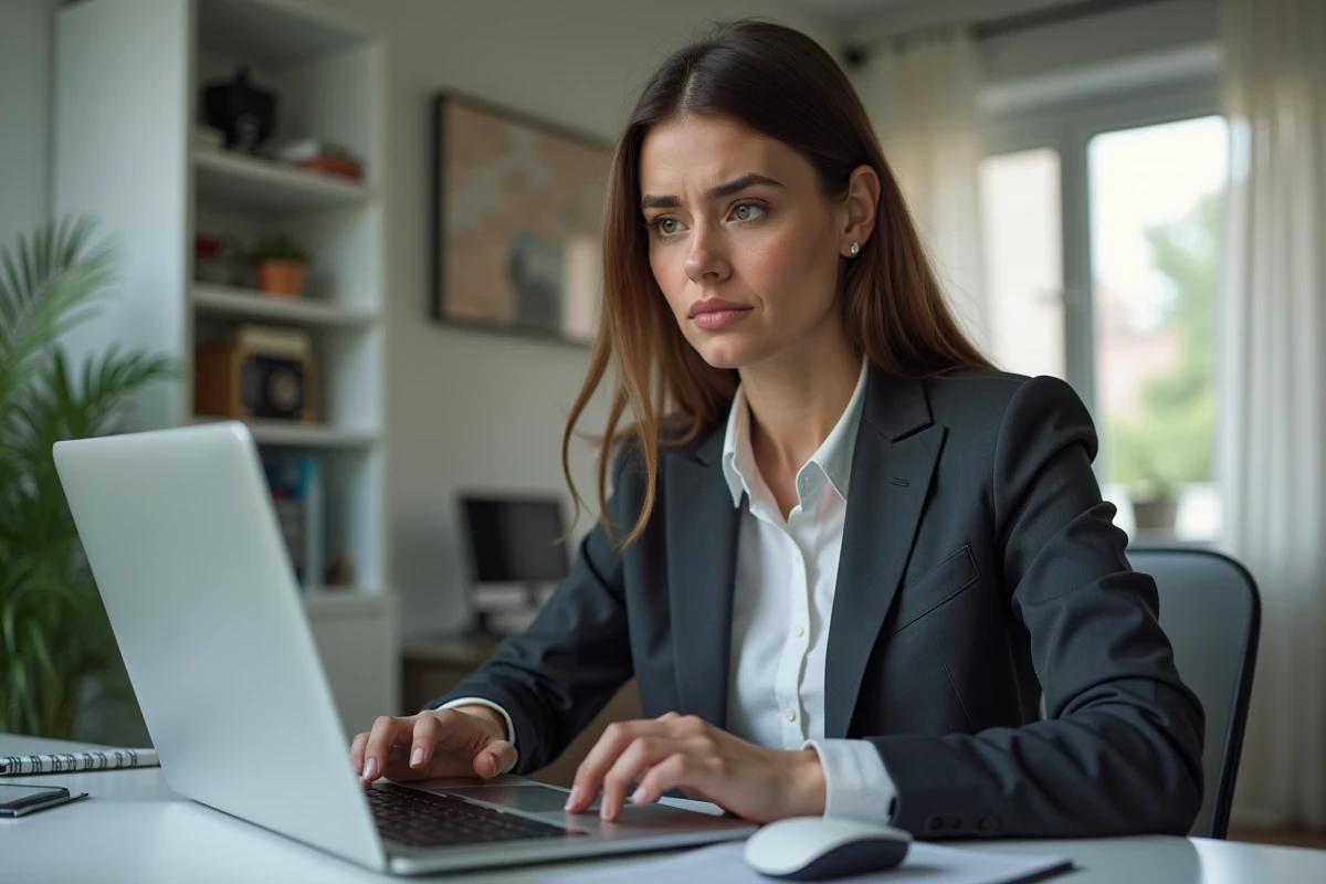 Femme d affaires en train de résoudre un problème réseau dans un bureau moderne