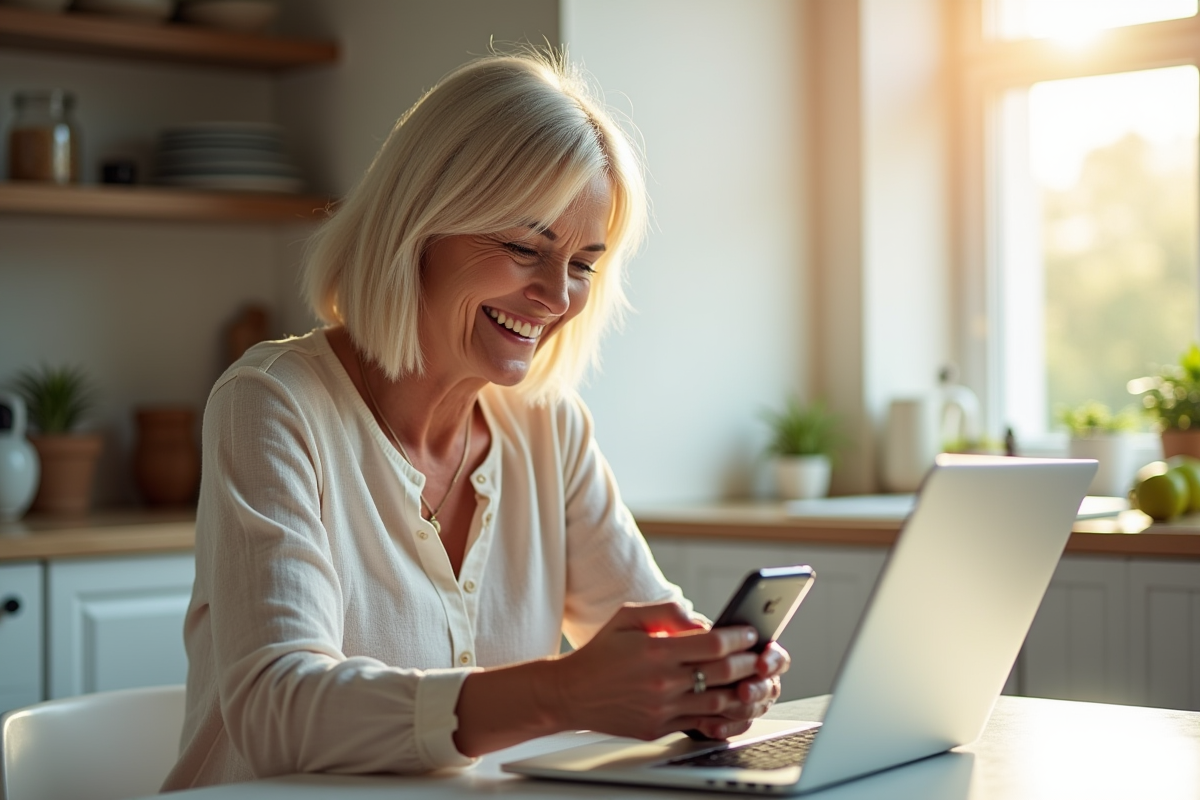 Femme d'âge moyen utilisant une application bancaire à la maison