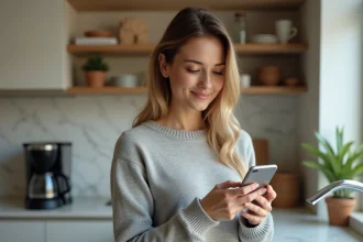 Femme consultant une application bancaire Nickel sur son smartphone un vendredi pour vérifier un virement en attente