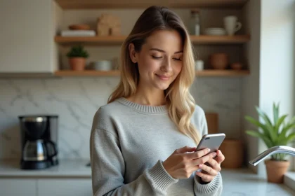 Femme consultant une application bancaire Nickel sur son smartphone un vendredi pour vérifier un virement en attente