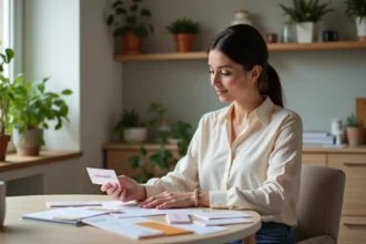 Femme tenant un bon cadeau Kadéos Infini dans une cuisine lumineuse