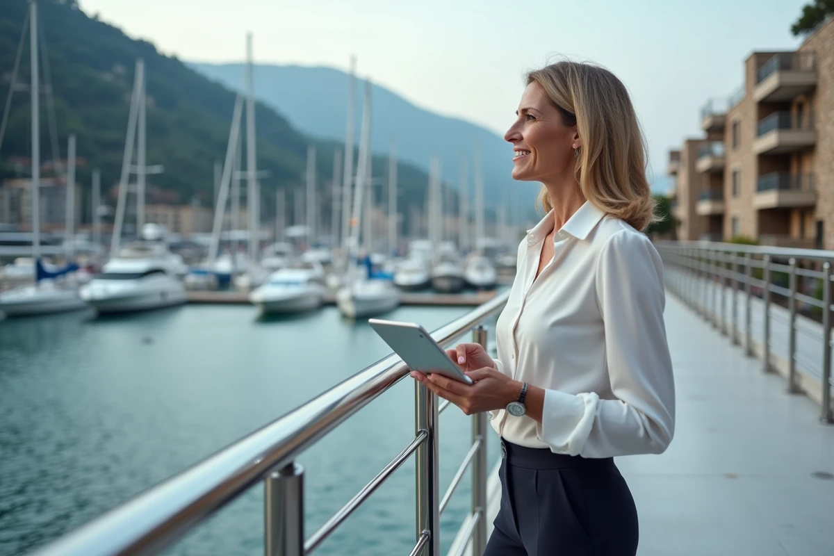 Femme professionnelle avec tablette sur le pont du yacht