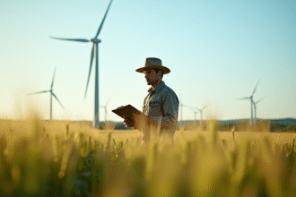 Fermier canadien dans un champ de blé vert avec éoliennes en arrière-plan