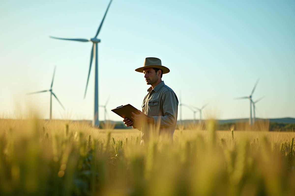 Fermier canadien dans un champ de blé vert avec éoliennes en arrière-plan