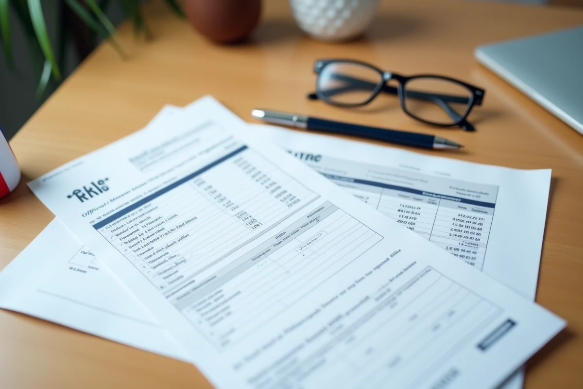 Fiche de paie et tableau de budget mensuel d'un élu municipal sur un bureau en bois