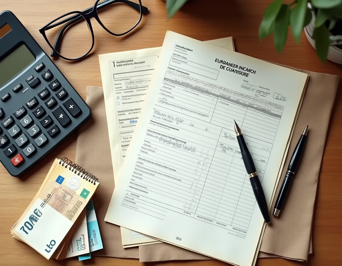 Vue aérienne d'un bureau avec déclaration fiscale française, calculatrice, billets en euros et notes manuscrites symbolisant le calcul de l'impôt sur les revenus immobiliers