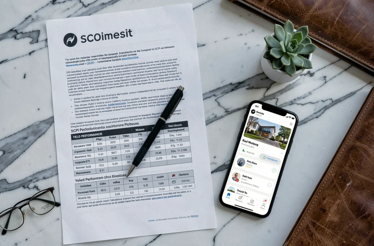 Vue de dessus d'un bureau avec des documents de SCPI, prospectus financiers et graphiques de rendement immobilier