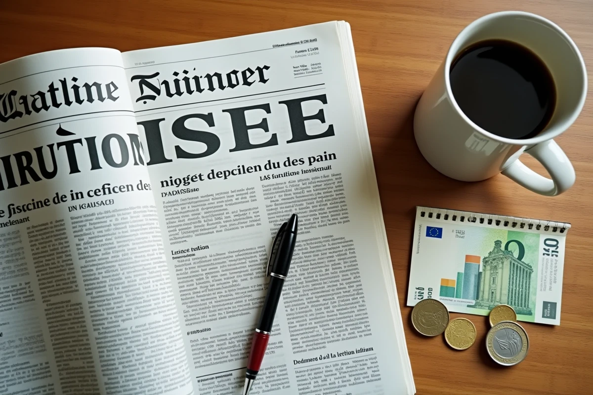 Vue aérienne d'une table avec journal financier INSEE, billets euros et carnet de budget illustrant l'inflation 2026