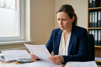 Fonctionnaire femme analysant ses documents de prêts et relevés bancaires à son bureau