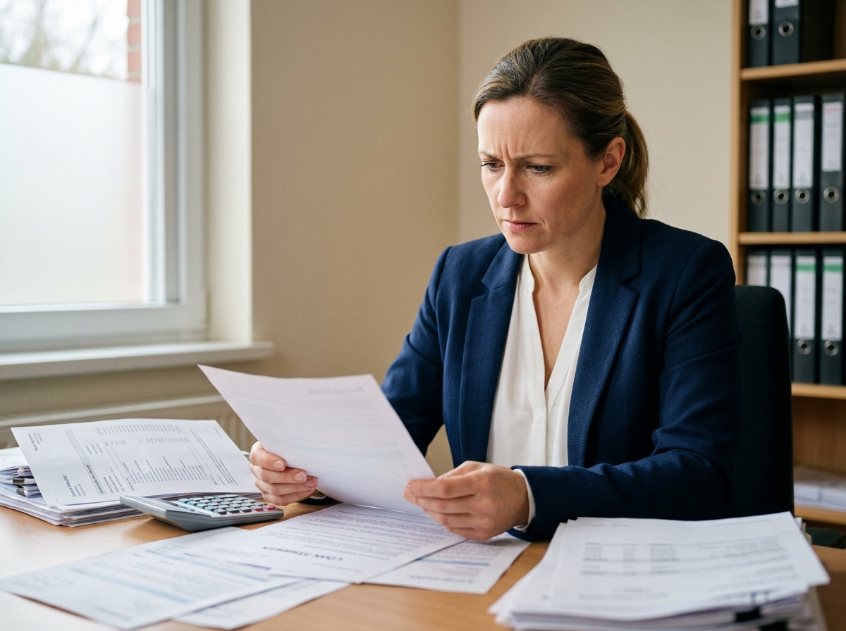 Fonctionnaire femme analysant ses documents de prêts et relevés bancaires à son bureau