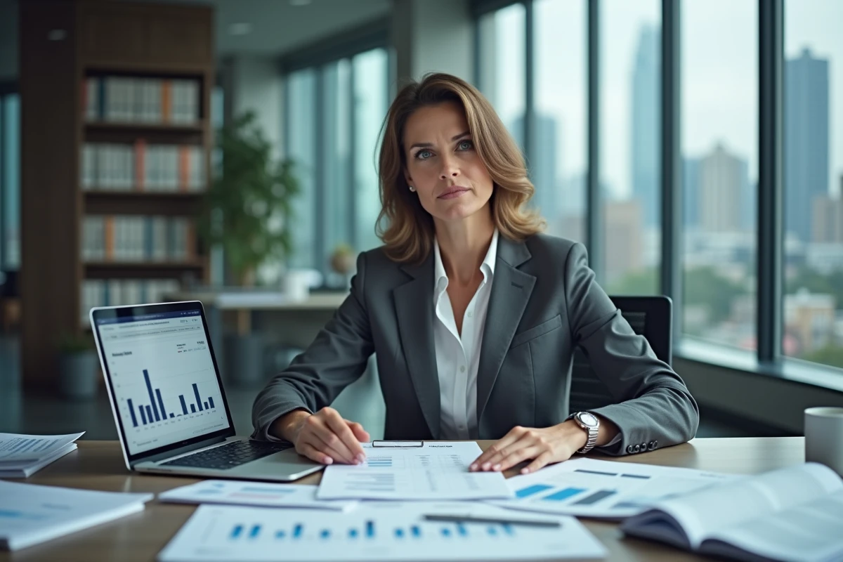 Fonctionnaire gouvernementale analysant des documents budgétaires et des tableaux de dépenses publiques dans un bureau administratif moderne
