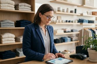 Gérante de boutique analysant le suivi de caisse sur une tablette derrière son comptoir de vente