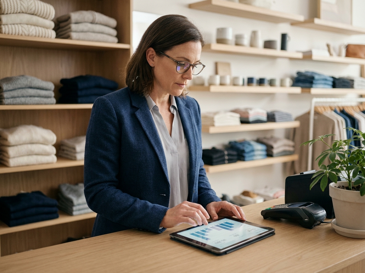 Gérante de boutique analysant le suivi de caisse sur une tablette derrière son comptoir de vente