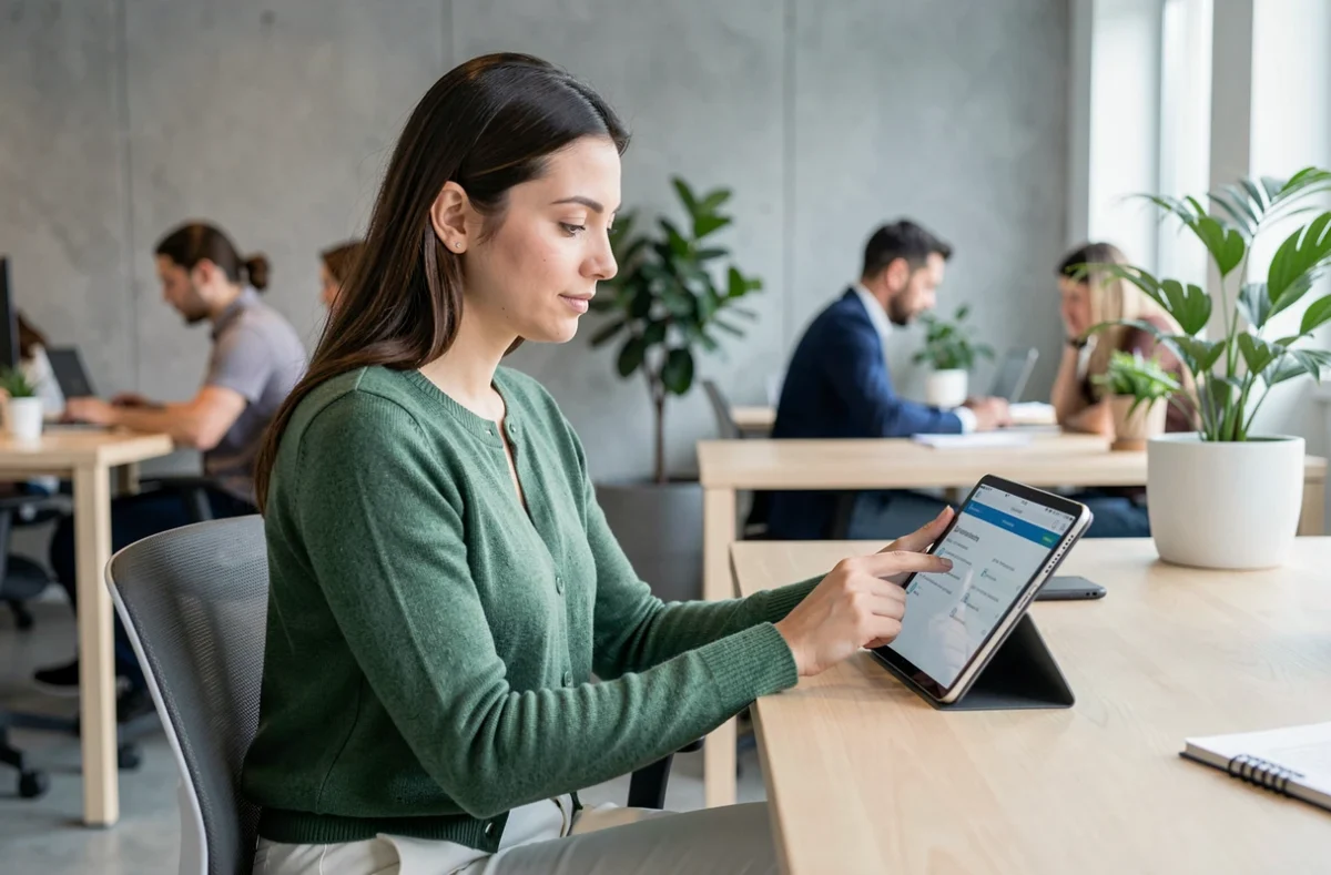 Jeune femme consultant le portail Cesu Urssaf sur une tablette dans un espace de coworking pour gérer son compte employeur