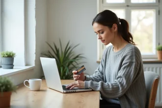 Femme gérant ses comptes bancaires en ligne sur un ordinateur portable à son bureau à domicile
