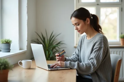 Femme gérant ses comptes bancaires en ligne sur un ordinateur portable à son bureau à domicile