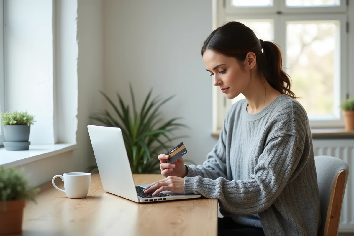 Femme gérant ses comptes bancaires en ligne sur un ordinateur portable à son bureau à domicile