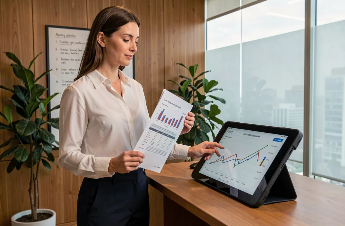 Gestionnaire de patrimoine féminine analysant une courbe de risque sur un turbo en bourse via tablette dans un bureau privé élégant