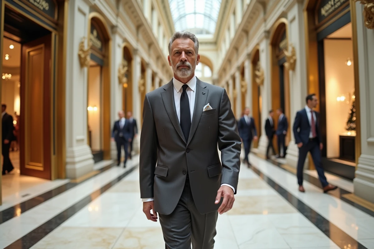 Homme en costume chic traversant l'atrium d'un grand magasin de luxe français aux sols en marbre et vitrines dorées