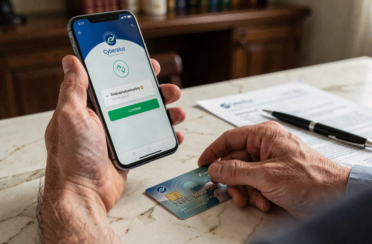 Gros plan sur les mains d'un utilisateur validant une double authentification sur l'application mobile Cyberplus de la Banque Populaire Centre Atlantique Aquitaine