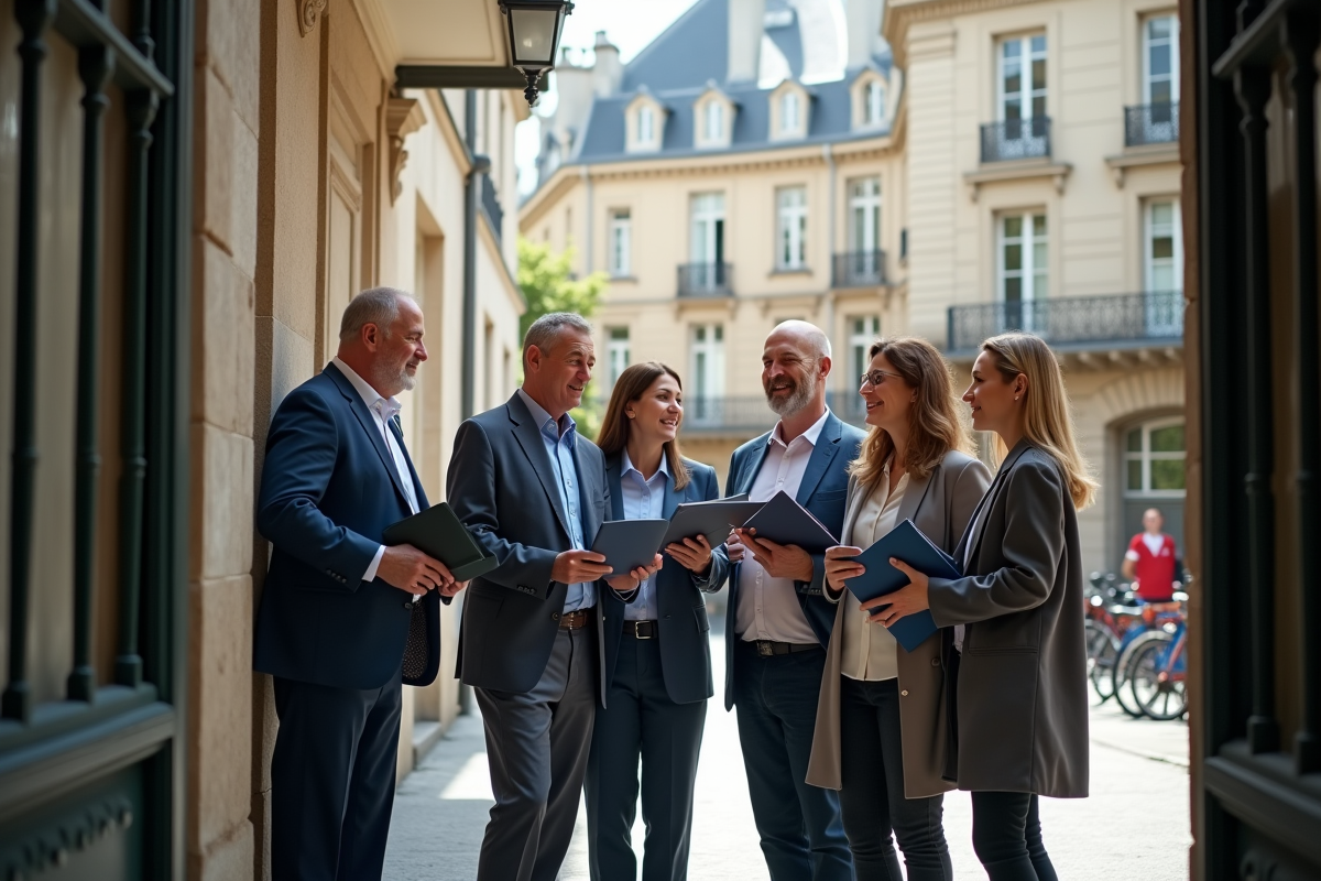 Groupe de travailleurs français devant un bâtiment municipal