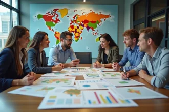 Groupe de personnes autour d'une table avec cartes et graphiques GDP