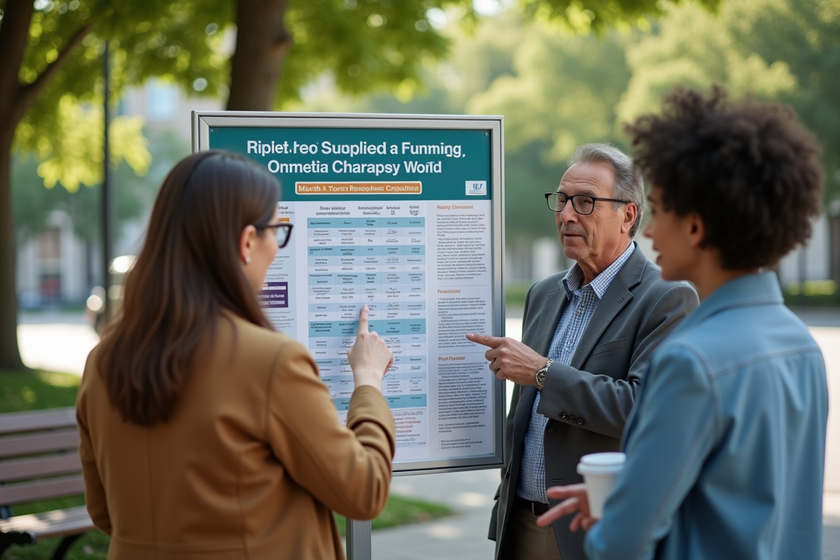 Groupe de personnes examinant une affiche d information retraite