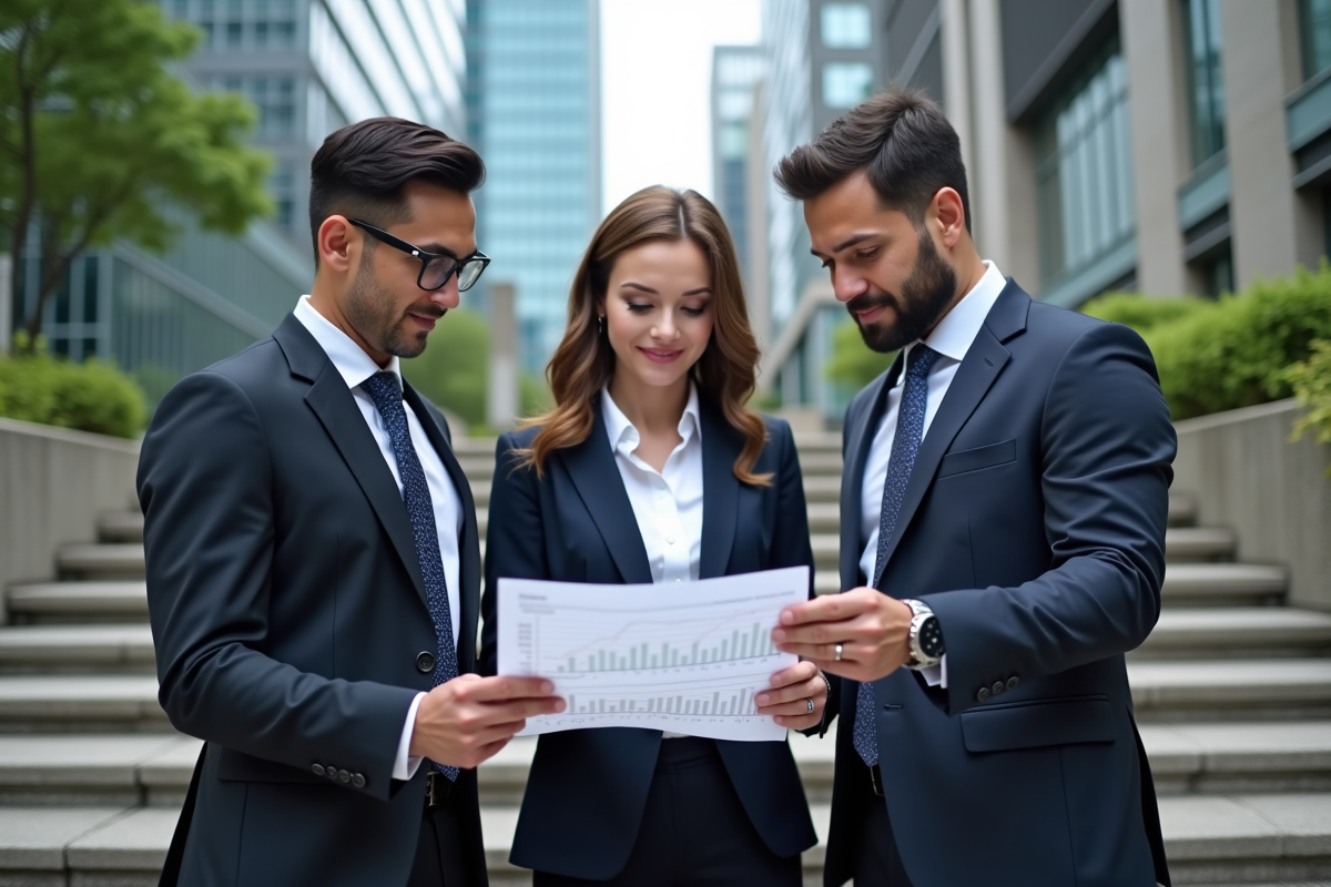 Groupe de professionnels discutant en extérieur