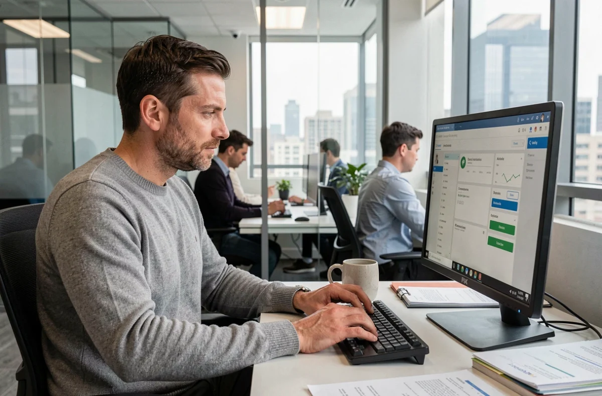 Homme accédant à son espace bancaire en ligne sur un ordinateur de bureau dans un bureau professionnel