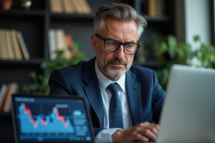 Homme d'affaires regardant un graphique Bitcoin en réflexion