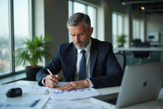 Homme d'affaires en costume regardant un graphique en baisse
