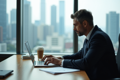Homme d affaires concentré devant son ordinateur en ville