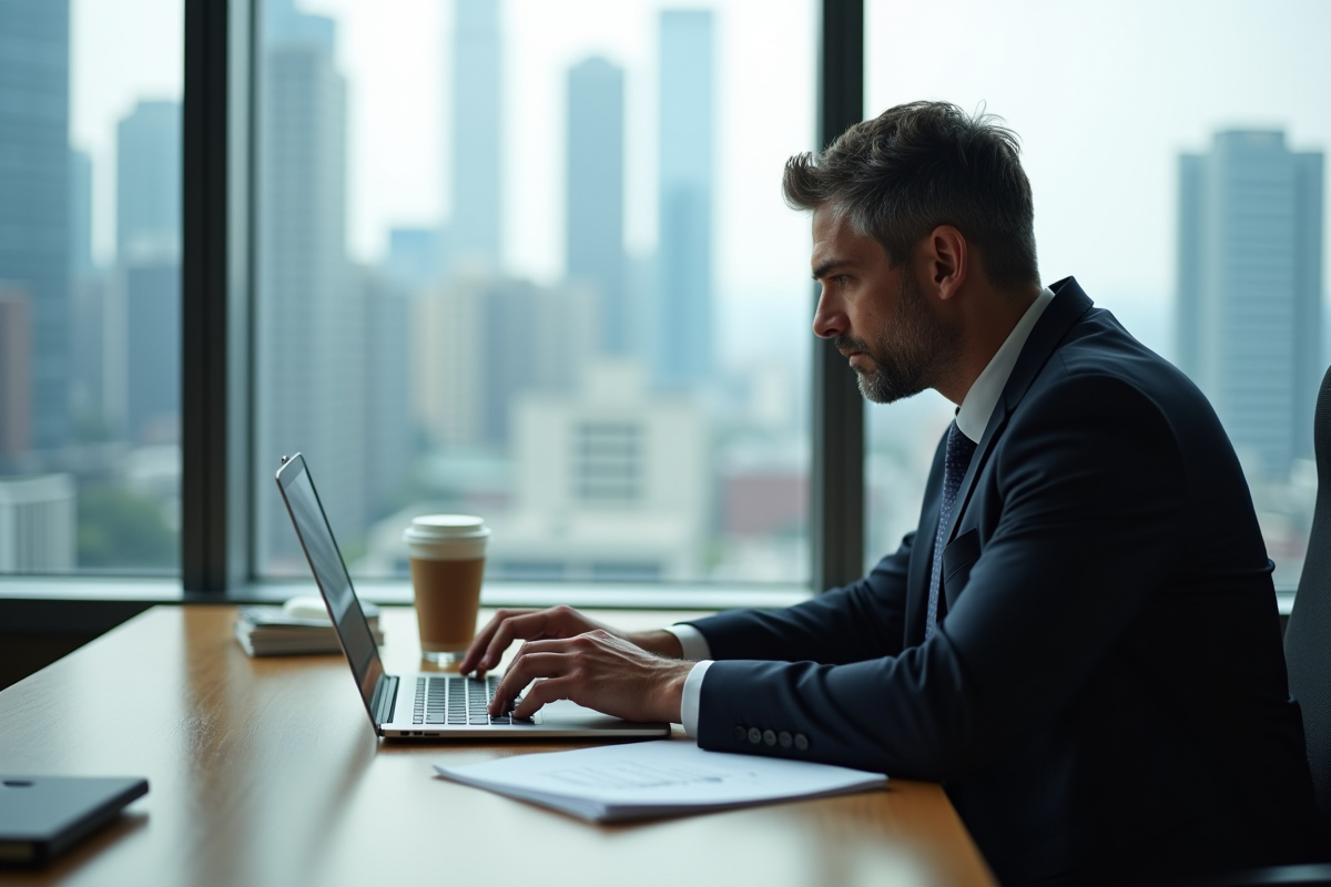Homme d affaires concentré devant son ordinateur en ville