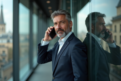 Homme d'affaires en costume dans un bureau parisien